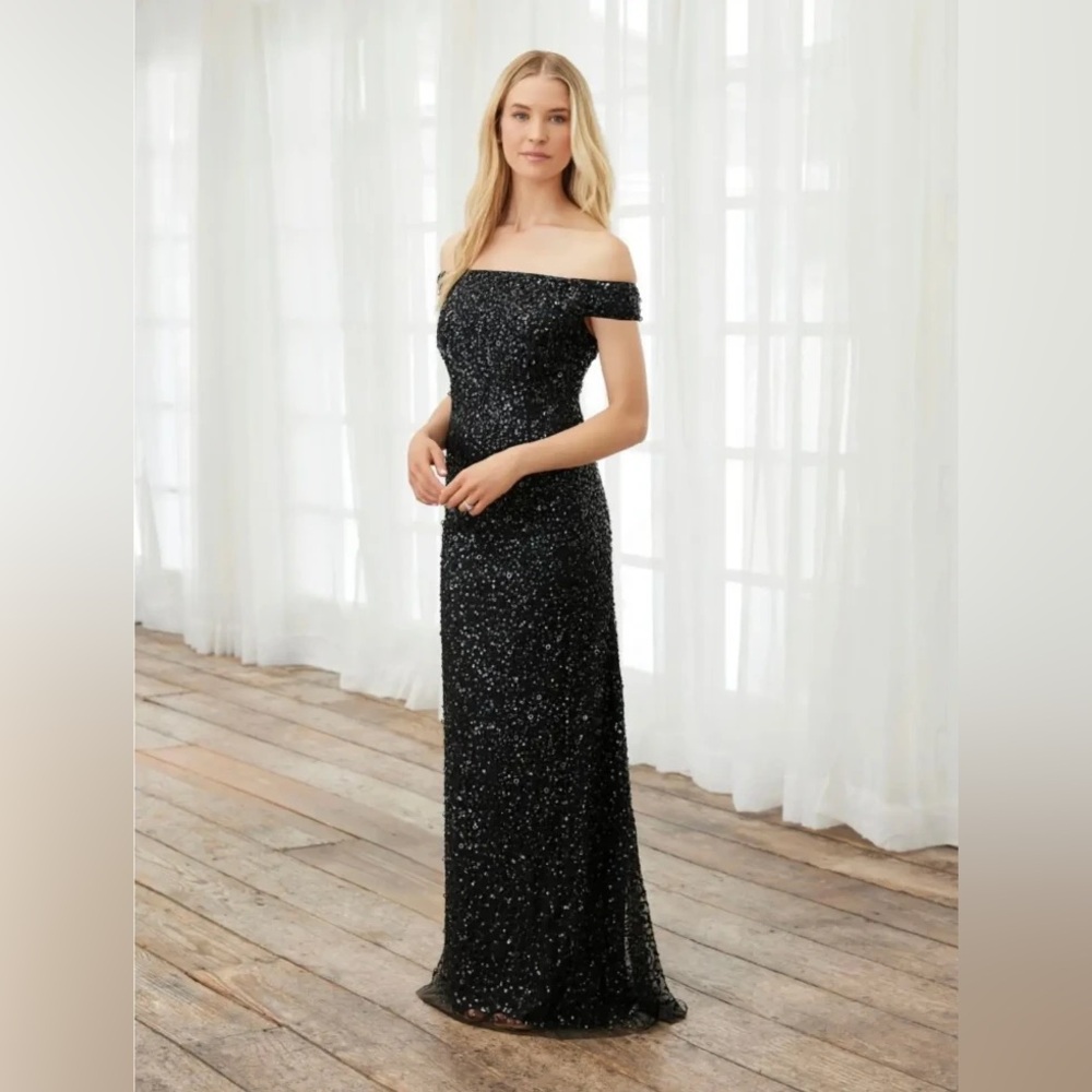 Adrianna Papell Black Sequin Off Shoulder Gown SZ 10 NWT Formal Evening Dress